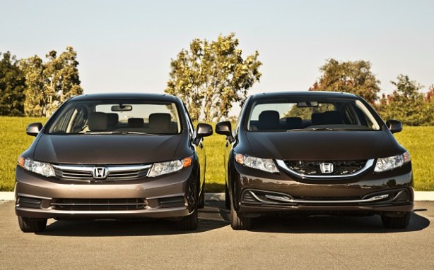 The 2013 Honda Civic is on the right. It certainly has more detail and personality than the 2012 model. It more resembles the new Accord. 