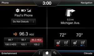 The four quadrants of MyFord Touch. To bring any area up to full screen, you tap on the slim area at the top or bottom corners. 