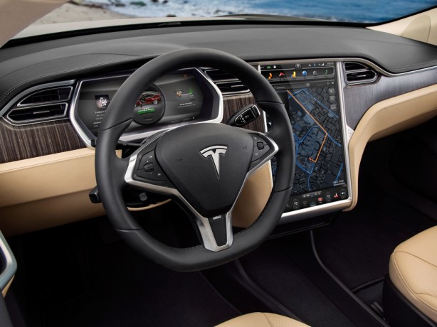 The interior of the Model S is a study in simplicity. The instrument panel is a large TFT video display and the gargantuan 17 inch center console tablet controls almost all the functions without physical knobs. Usually I like physical knobs, but in the Tesla, it's iPad-like touchscreen interface proves it can be done and done well.