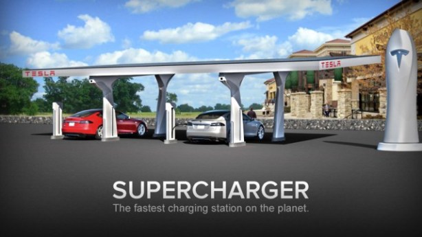 A rendering of a Tesla Supercharger station.