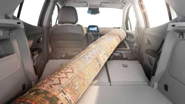 The interior of the Buick Encore. The seats fold flat and the front passenger seat also can fold nearly flat to accommodate longer cargo. 