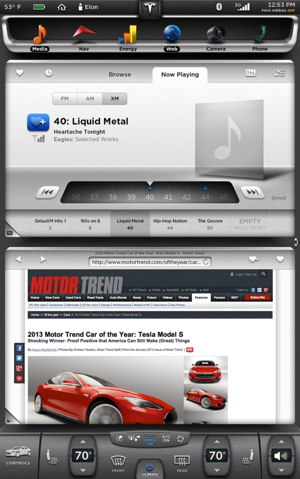 You've never seen anything like the 17" touch screen control panel in the Model S.