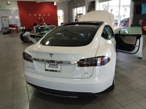 This White Model S had the 85 kWh battery package and a few other options that pushed the sticker price past $91,000. I think this one was available to drive off the lot. It had the sticker on the window!
