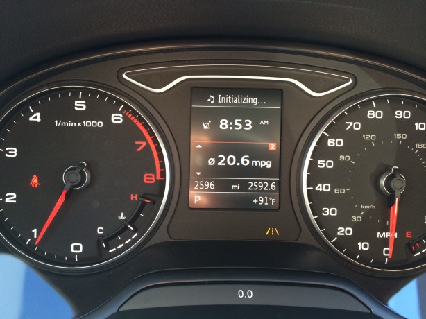 The instruments panel of the A3 is a model of clarity and it looks terrific at night. Note the average MPG readout from the standard multifunction trip computer. 