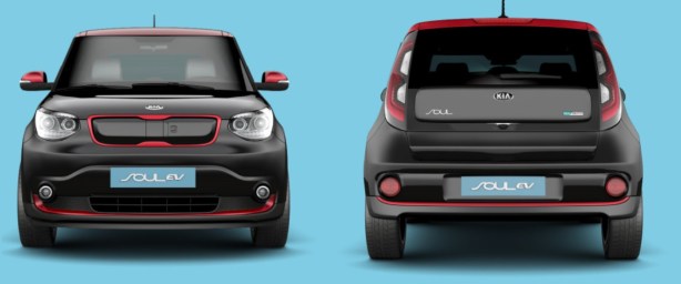 I love this color combination: The 2015 Kia Soul EV in Cherry Black with Inferno Red trim/roof.